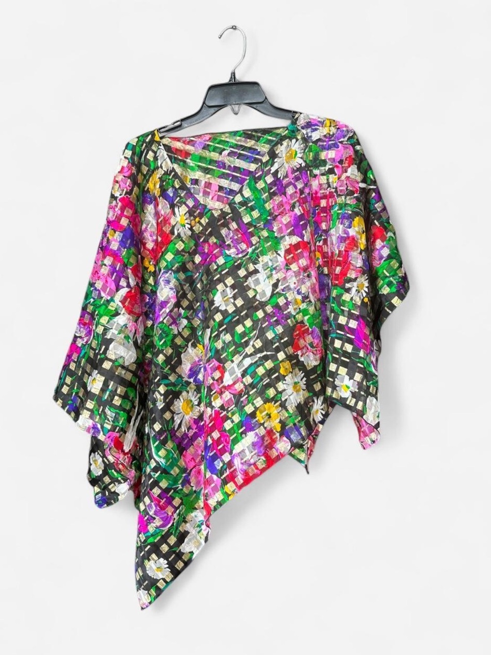 Vintage Vibrant Floral Check Poncho - Multicolor